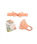 Ivory Hand Painted And Coral Stem Print Reversible 3 Ply Mask With Pouch And Hairband Set