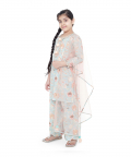 PS Kids Aqua Colour Printed Cotton Kurta With Palazzo And Blush Colour Net Dupatta For Girls