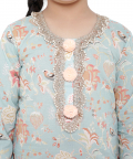PS Kids Aqua Colour Printed Cotton Kurta With Palazzo And Blush Colour Net Dupatta For Girls