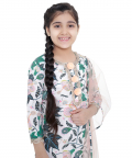 PS Kids White Colour Printed Cotton Kurta With Palazzo And Blush Colour Net Dupatta For Girls