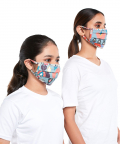 Mini Me PS Masks Twin Set - Blue And Stone Ikat Garden Print Pleated 3 Ply Masks With Pouches