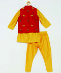 Yellow Kurta Pyjama With Red Embroided Jacket
