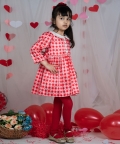 Girls Printed Checks & Cupid Heart Love 3/4 Th Sleeves Dress
