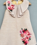 Jute Linen Dress With Floral Applique