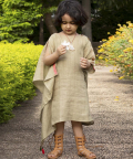 Arunima White-Olive Green Linen-Dress With Kantha Hand-Embroidery
