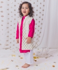 Pink Kurta With White Long Zai Jacket