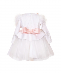 White Lace Bodice Peplum With Tulle Skirt And Dupion Pink Lace Flowers