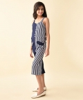 Square Neck Sleeve Less Striped 
Below Knee Length Jumpsuit