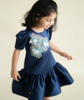 Blue Satin A-Line Dress With 3 Flowers