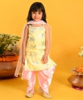 Girls Yellow & Pink Printed Kurta Dhoti With Dupatta