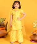 Girls Yellow Printed Kurta Sharara With Dupatta