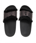 Teen Girls Black & White Beaded & Feathered Sequin PU Slides