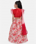 Ruffle Sleeve Collar Choli With Floral Lehenga-Red