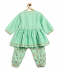 Baby Girl Chanderi Angrakha Suit Set Embroidered-Green