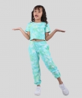 Green Tie Dye Summer Jogger Set For Girls Kids With Crop Top