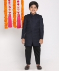 VASTRAMAY Boys Navy Blue And Black Imported Fabric Designer Indowestern And Pant style Pyjama Set