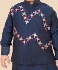 Navy Blue Embroidered Waistcoat Set With Pyjama 