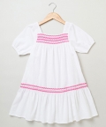 White Cotton Seersucker Dress With Pink Lace Embroidery