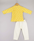 Yellow Printed Angrakha Style Kurta With Pyjama