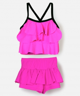 Girls Solid Pink Ruffled Swimsuit Set
