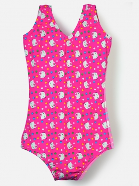 Girls Pink Kitty Print Swimsuit