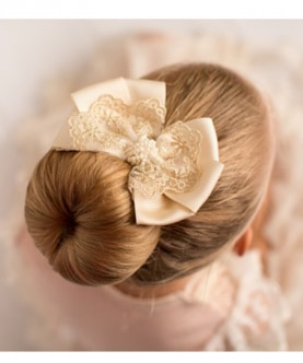 Oversized Bow With Gold Lace And Pearls Clip