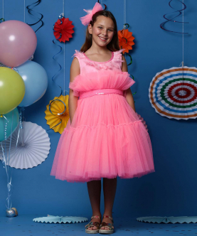 Pink Feather Frilly Dress With Belt