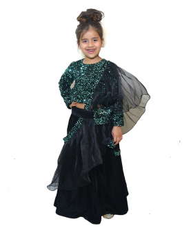 Green Sequin With Black Velvet Lehnga Set Paired With Pouch Belt
