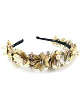 Gold color Sequins, Crystals and Pearls Embellished flower Wedding Partywear Hairband