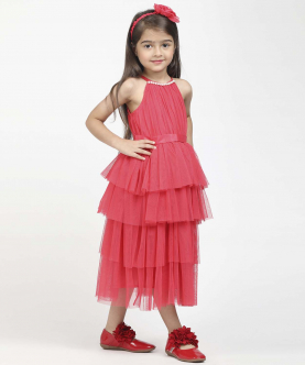 Jelly Jones Layred Gown With Neck Pearl & Hair Band-Coral Pink 