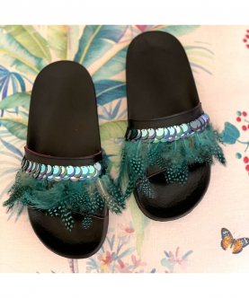 Teen Girls Black Feathers and Sequins PU Slides