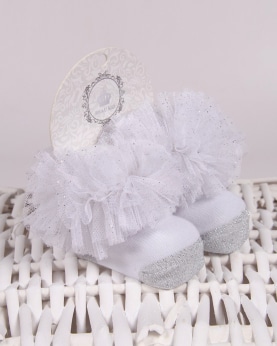 Girls White Sock With Silver Glitter Detailing