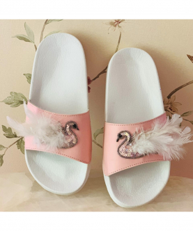 Teen Girls Light Pink Beaded and Feathered Swans PU Slides