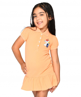 Peach Polo Dress With Ruffles At Hem And Hand-Embellished Colourful Unicorn Motif