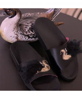Teen Girls Black Beaded And Feathered Swans PU Slides
