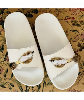 Teen Girls White Embroidered and Feathered Bird PU Slides