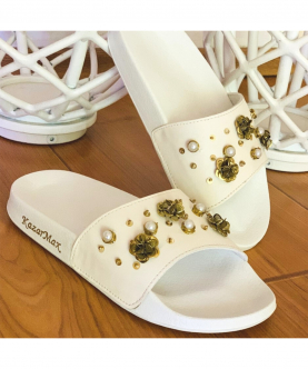 Teen Girls White Flowers And Pearls Studded PU Slides
