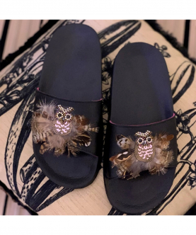 Teen Girls Black Beaded and Feathered PU Slides
