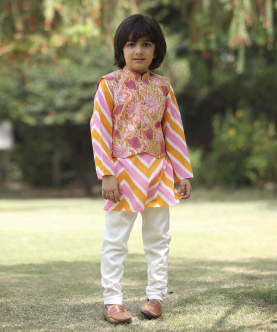 Chanderi Cotton Printed Kurta And Pyjama With Floral Nehru Jacket
