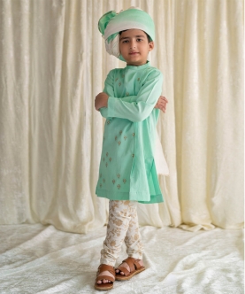 Boys Nawab Kurta Pyjama Cotton Set Embroidered-Green