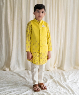 Boys 3 Pc Bandhgala Bundi Kurta Set Embroidered-Yellow