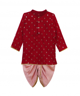 Red Peach Floral Sequins Kurta With Dhoti