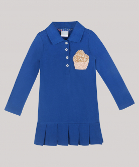 Girls Full Sleeves Polo Dress With Pleats And Cup Cake Motif