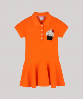 Girls Polo Dress In Drop Waist Silhouette And Muffin With Cherry Motif