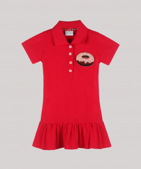 Girls Polo Dresss With Ruffles At Hem And Donut Motif