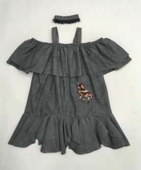 Grey Denim Dress With Unicorn Embroidery Choker Neck Frill Hem