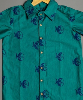 Teal Blue Fish Block Print Cotton Lycra Shirt 