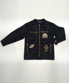 Black Camo Biker Jacket With Quilting Detail And Badges