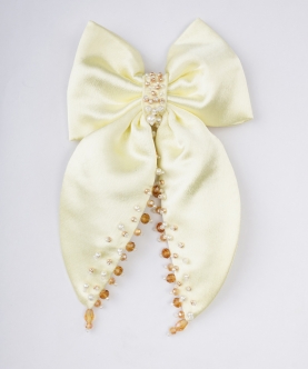 Gilded Satin Bow Hairclip - Golden Glass Beads and Pearls