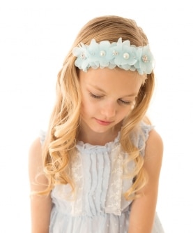 Blue Chiffon Flowers with Pearls and Diamante On Alice Band